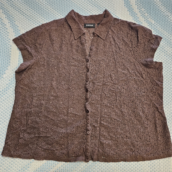 Avenue Brown Cap Sleeve Collared Button Down Shirt in Plus Size - Picture 1 of 8